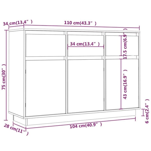 vidaXL Skänk vit 110x34x75 cm massiv furu Vit