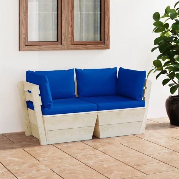 vidaXL Pallsoffa 2-sits med dynor granträ Blå