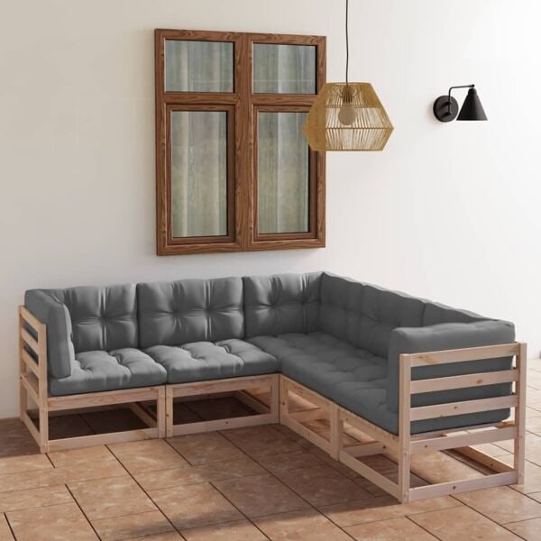 vidaXL Loungegrupp med dynor 5 delar massiv furu grå