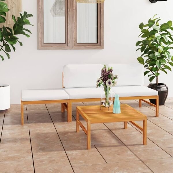vidaXL Loungegrupp för trädgården gräddvita dynor 4 delar massiv teak Creme