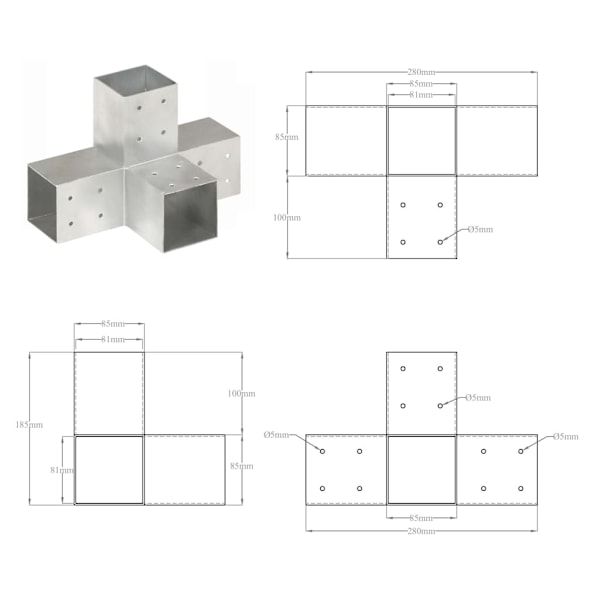 vidaXL Stolpbeslag 4 st X-form galvaniserad metall 81x81 mm Silver