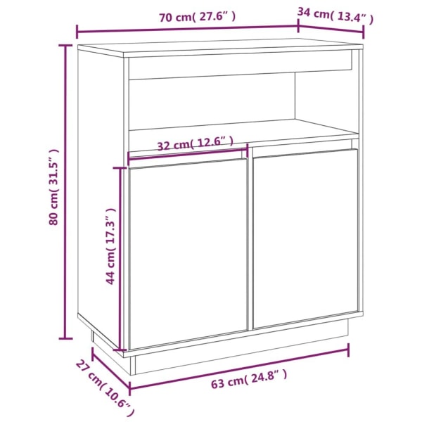 vidaXL Skänk vit 70x34x80 cm massiv furu Brun