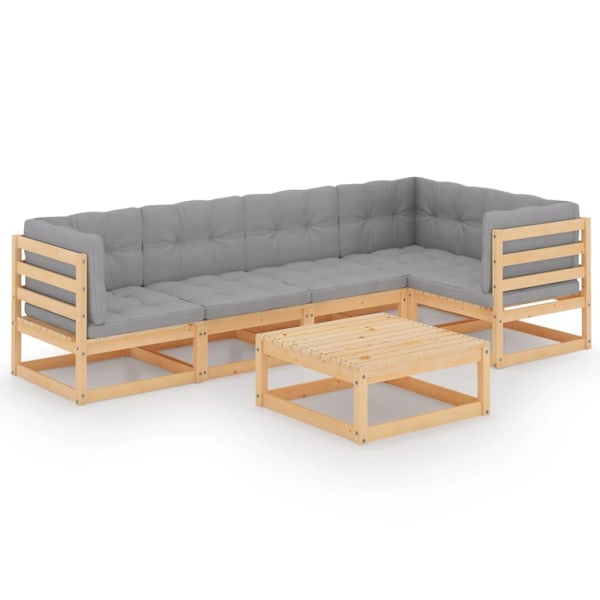 vidaXL Loungegrupp med dynor 6 delar massiv furu grå