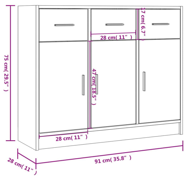 vidaXL Skänk brun ek 91x28x75 cm konstruerat trä brun ek