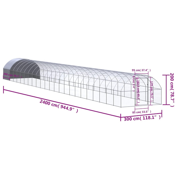 vidaXL Hönsbur för utomhusbruk 3x24x2 m galvaniserat stål Silver