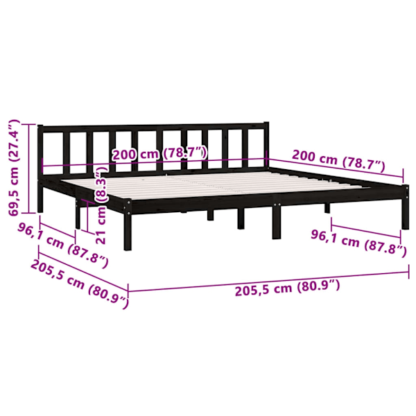 vidaXL Sängram svart massiv furu 200x200 cm Svart