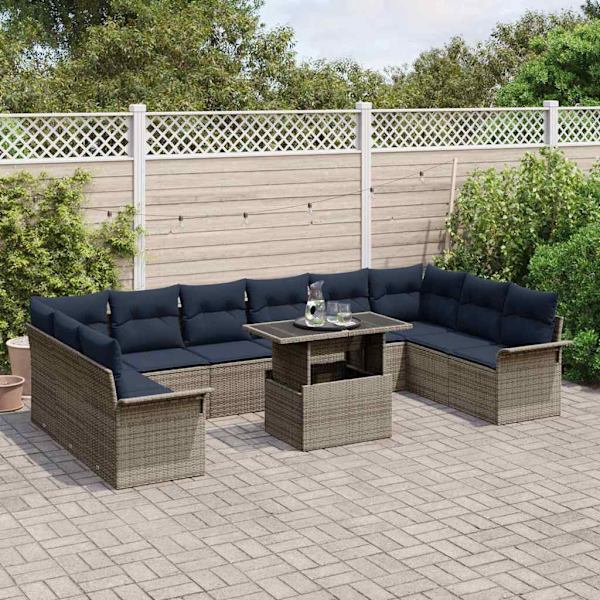 vidaXL Trädgårdsoffset med kudde 11 pcs Grå Poly rattan Grå