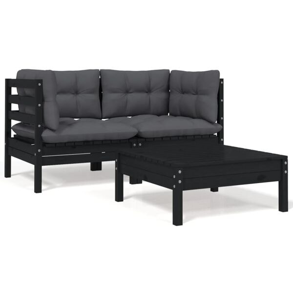 vidaXL Loungegrupp med dynor svart 3 delar massiv furu Svart