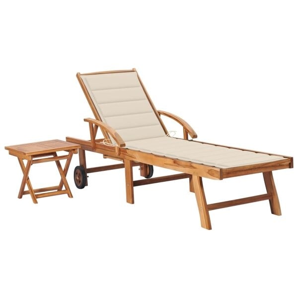 vidaXL Solsäng med bord och dyna massiv teak Creme