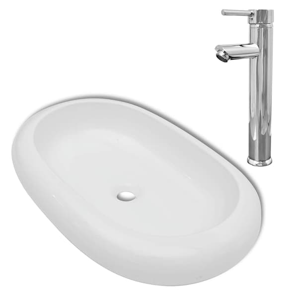vidaXL Handfat med blandare keramik oval vit Vit
