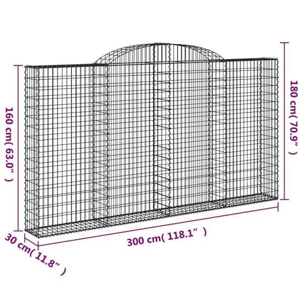 vidaXL Gabioner bågformade 3 st 300x30x160/180 cm galvaniserat järn Silver