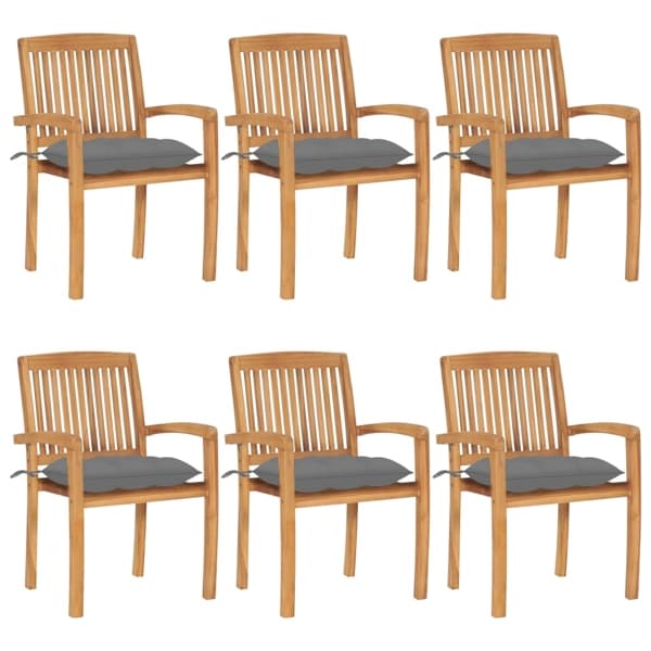 vidaXL Stapelbara trädgårdsstolar med dynor 6 st massiv teak grå