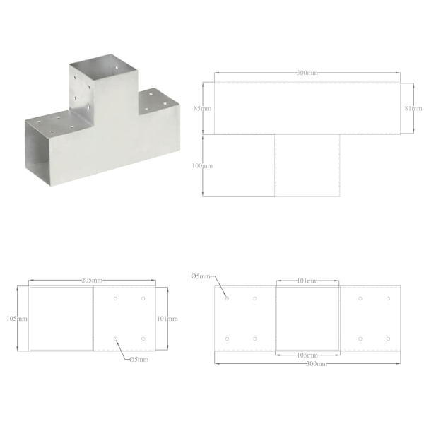 vidaXL Stolpbeslag 4 st T-form galvaniserad metall 101x101 mm Silver