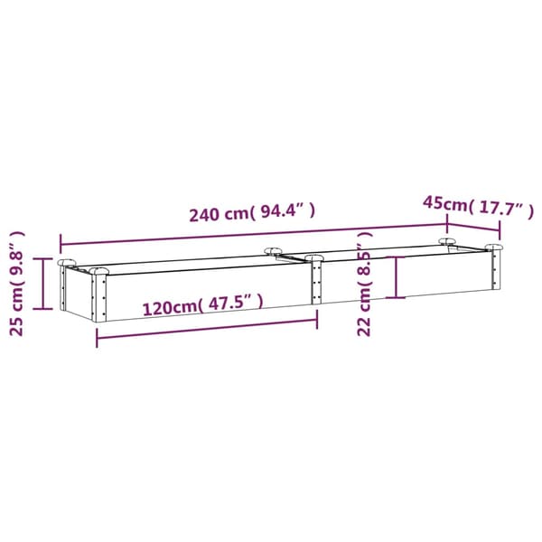vidaXL Odlingslåda med foder grå 240x45x25 cm massivt granträ Grå