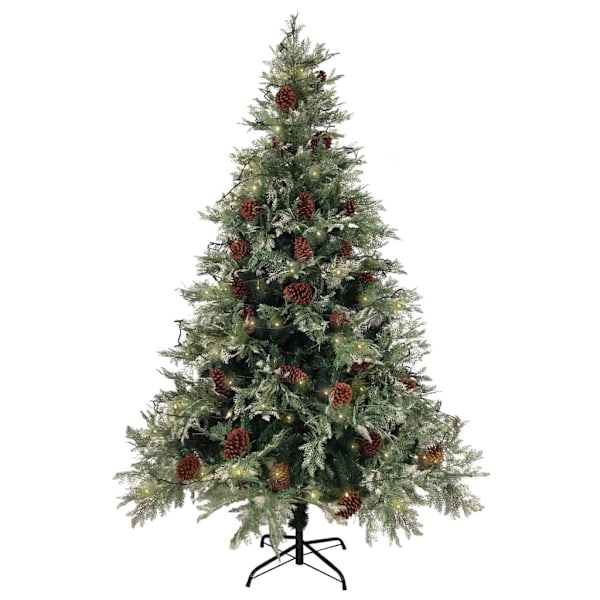 vidaXL Belyst julgran med kottar grön&vit 150 cm PVC&PE Grön