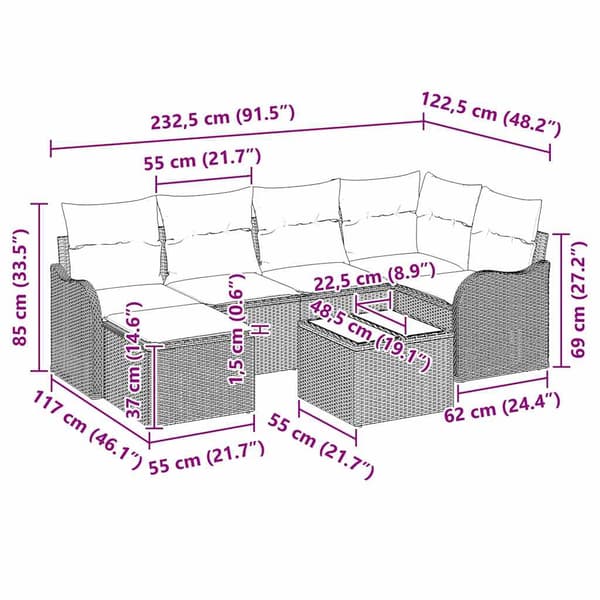 vidaXL Trädgårdsoffset med kudde 7 pcs Beige Poly rattan Beige