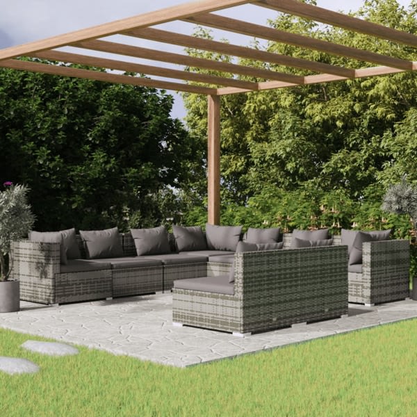 vidaXL Loungegrupp för trädgården med dynor 9 delar grå konstrot grå