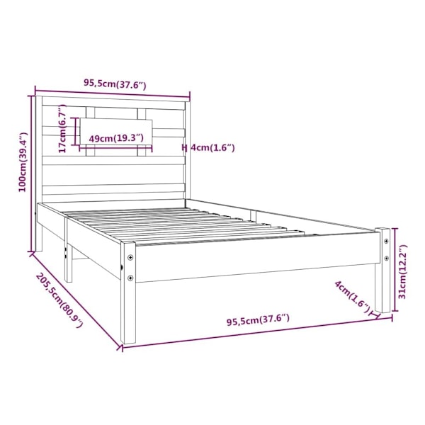 vidaXL Sängram massivt trä 90x200 cm Brun