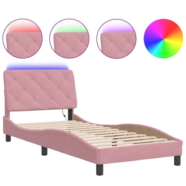 vidaXL Sängram med LED-belysning rosa 90x190 cm sammet Rosa