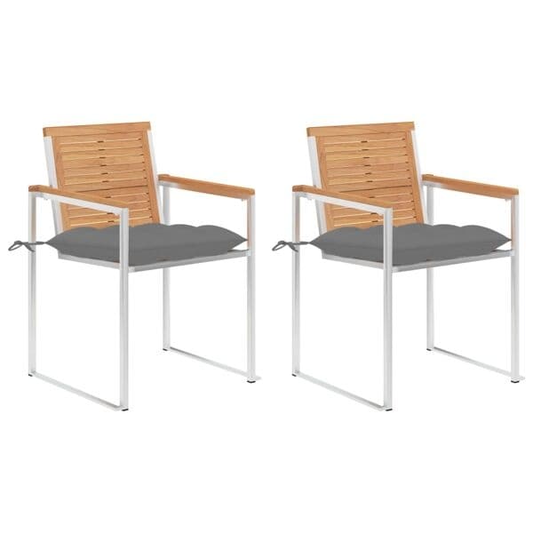 vidaXL Trädgårdsstolar 2 st med dynor massiv teak och stål grå
