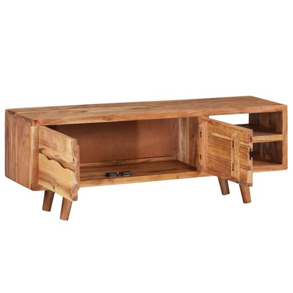 vidaXL TV-bänk massivt akaciaträ med snidade dörrar 117x30x40 cm Brun