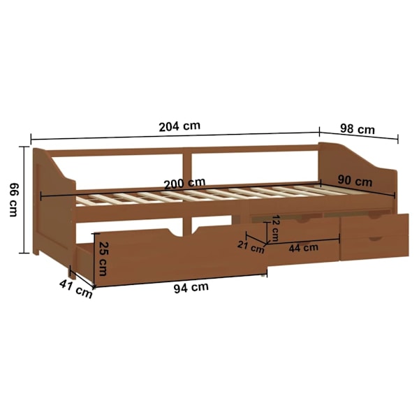 vidaXL Dagbädd 3-sits honungsbrun massiv furu 90x200 cm Brun
