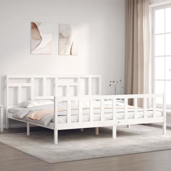 vidaXL Sängram med huvudgavel vit 200x200 cm massivt trä Vit