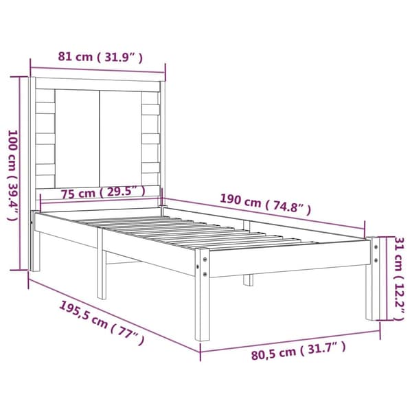 vidaXL Sängram massivt trä 75x190 cm Brun