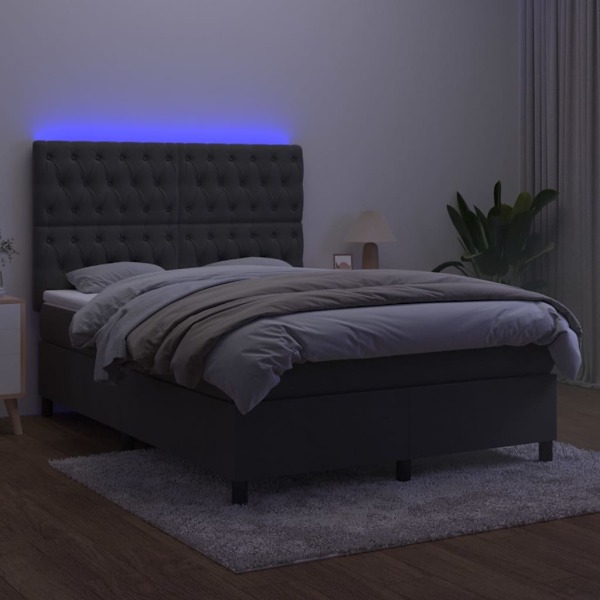 vidaXL Ramsäng med madrass & LED mörkgrå 140x200 cm sammet Grå