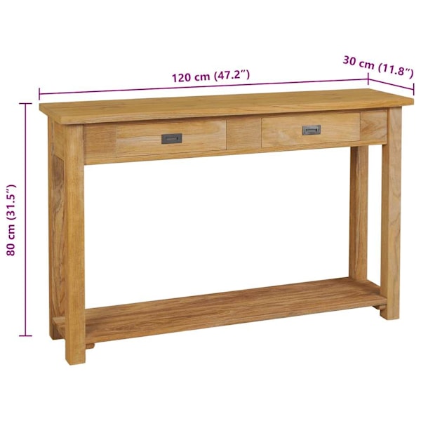 vidaXL Konsolbord i massiv teak 120x30x80 cm Brun