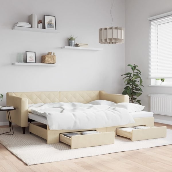 vidaXL Dagbädd utdragbar med lådor gräddvit 90x200 cm tyg Kräm