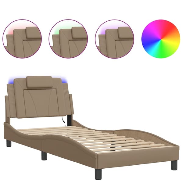 vidaXL Sängram med LED-belysning cappuccino 90x190 cm konstläder Brun