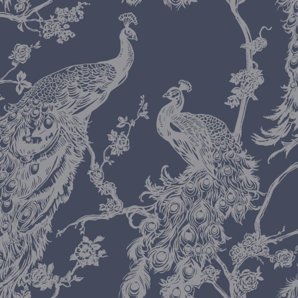 DUTCH WALLCOVERINGS Tapet påfågel marinblå och silver multifärg