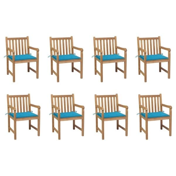 vidaXL Trädgårdsstolar 8 st med blåa dynor massiv teak Blå
