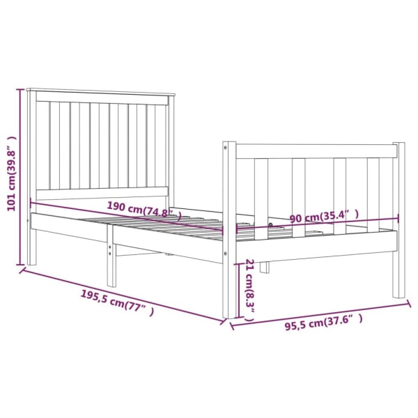 vidaXL Sängram massiv furu 90x190 cm Brun