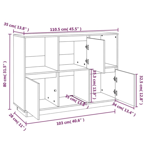 vidaXL Skänk vit 110,5x35x80 cm massiv furu Brun