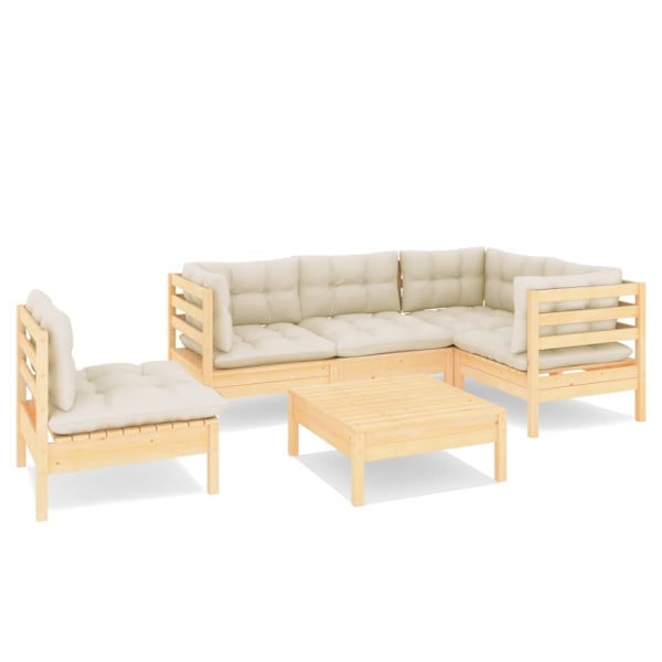 vidaXL Loungegrupp med gräddvita dynor 6 delar massiv furu Creme