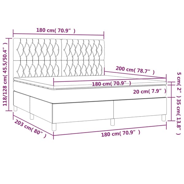 vidaXL Ramsäng med madrass & LED ljusgrå 180x200 cm sammet Grå