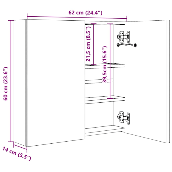 vidaXL Spegelskåp med LED svart högglans 62x14x60 cm Svart