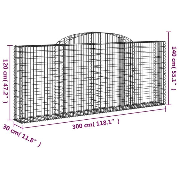 vidaXL Gabioner bågformade 13 st 300x30x120/140 cm galvaniserat järn Silver