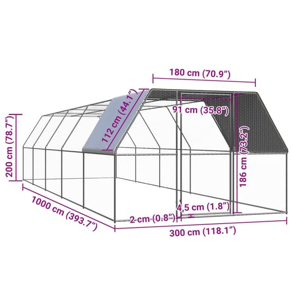 vidaXL Hönsbur för utomhusbruk 3x10x2 m galvaniserat stål Silver