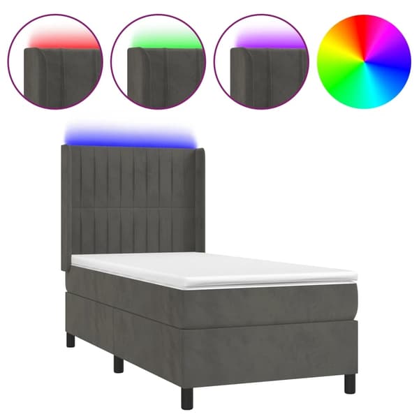 vidaXL Ramsäng med madrass & LED mörkgrå 90x200 cm sammet Grå