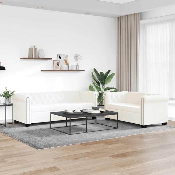 vidaXL Soffset Chesterfield i vit konstläder 2-sitsig + 3-sitsig Vit