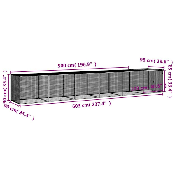 vidaXL Hönsbur med tak ljusgrå 603x98x90 cm galvaniserat stål Grå