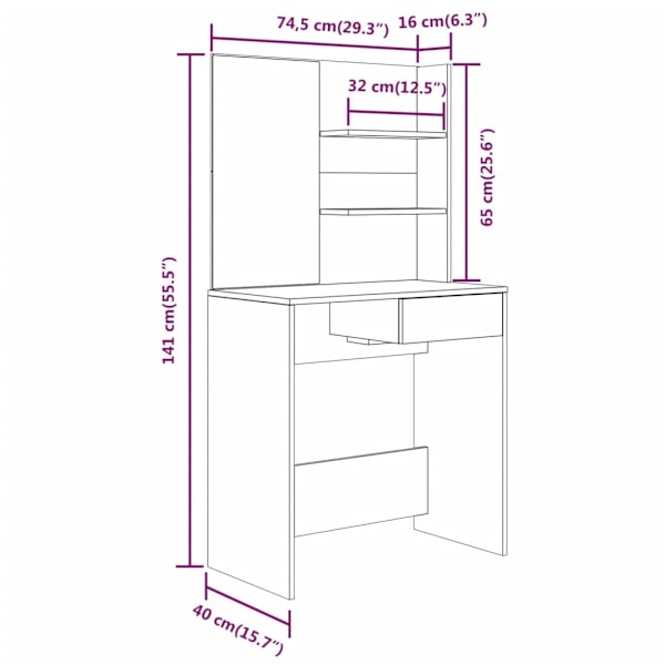 vidaXL Sminkbord med spegel vit högglans 74,5x40x141 cm Vit