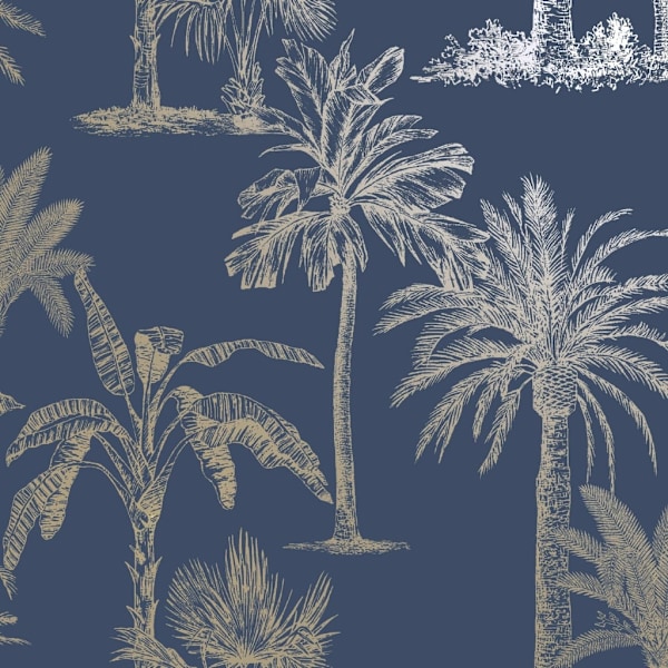 DUTCH WALLCOVERINGS Tapet tropiska träd marinblå och silver multifärg