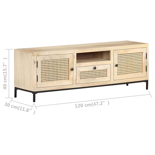 vidaXL TV-bänk 120x30x40 cm massivt mangoträ och naturlig rotting Brun