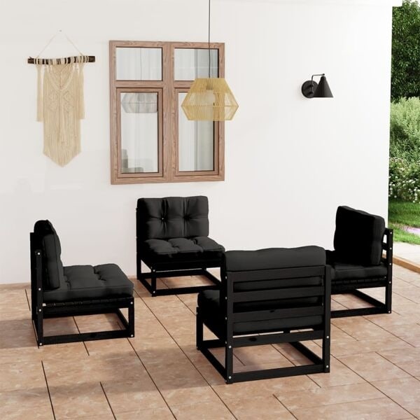 vidaXL Loungegrupp med dynor 4 delar massiv furu Svart