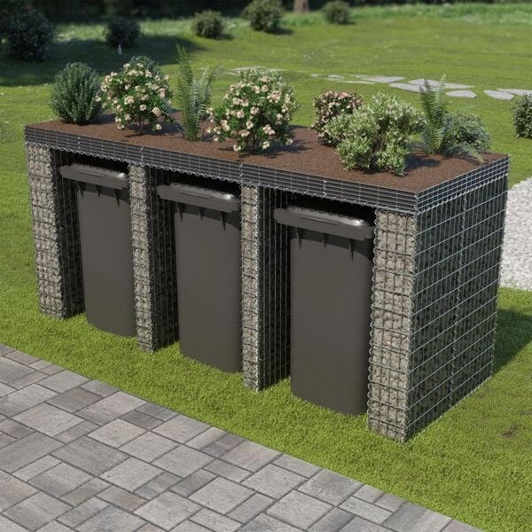 vidaXL Gabionmur för soptunnor galvaniserat stål 270x100x130 cm Silver