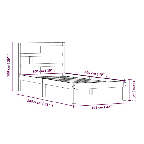 vidaXL Sängram massiv furu 100x200 cm enkelsäng Brun